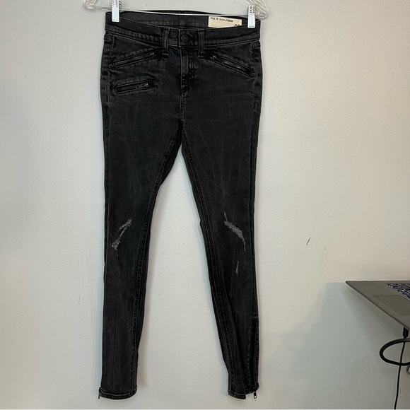 Rag & Bone Women's 26 Mid Rise Skinny Distressed Moto Jeans Black Side Zipper - Picture 1 of 10